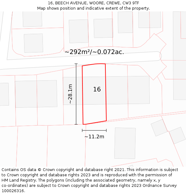 16, BEECH AVENUE, WOORE, CREWE, CW3 9TF: Plot and title map
