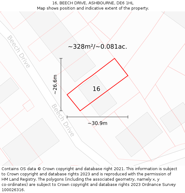 16, BEECH DRIVE, ASHBOURNE, DE6 1HL: Plot and title map