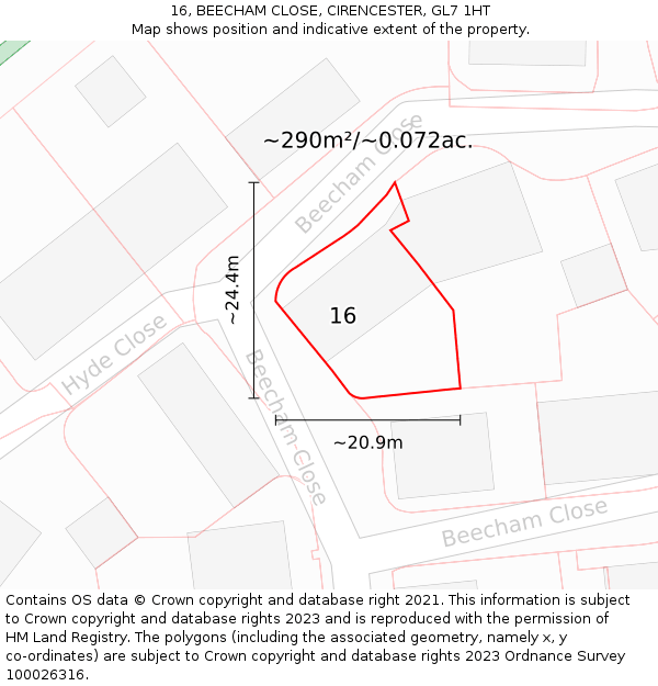 16, BEECHAM CLOSE, CIRENCESTER, GL7 1HT: Plot and title map