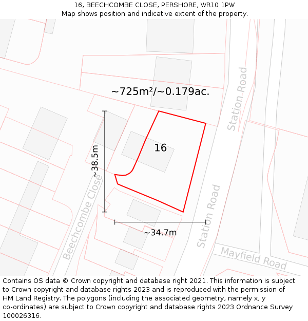 16, BEECHCOMBE CLOSE, PERSHORE, WR10 1PW: Plot and title map