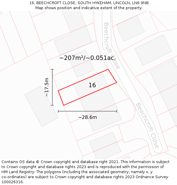 16, BEECHCROFT CLOSE, SOUTH HYKEHAM, LINCOLN, LN6 9NB: Plot and title map