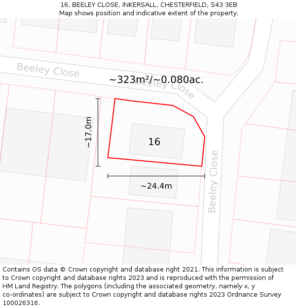16, BEELEY CLOSE, INKERSALL, CHESTERFIELD, S43 3EB: Plot and title map
