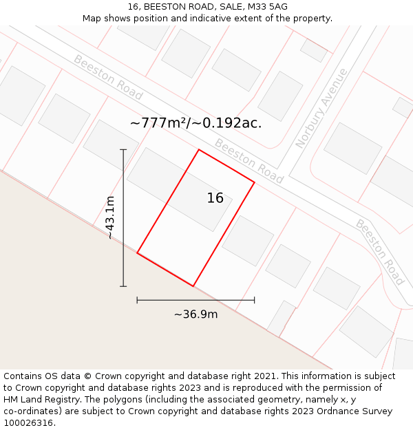 16, BEESTON ROAD, SALE, M33 5AG: Plot and title map