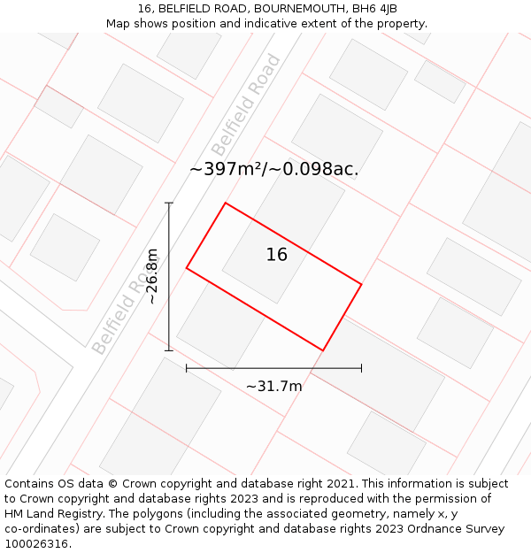 16, BELFIELD ROAD, BOURNEMOUTH, BH6 4JB: Plot and title map