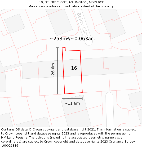 16, BELFRY CLOSE, ASHINGTON, NE63 9GF: Plot and title map
