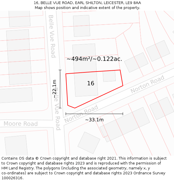 16, BELLE VUE ROAD, EARL SHILTON, LEICESTER, LE9 8AA: Plot and title map
