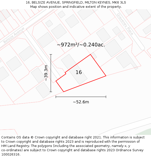 16, BELSIZE AVENUE, SPRINGFIELD, MILTON KEYNES, MK6 3LS: Plot and title map