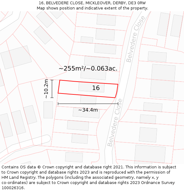 16, BELVEDERE CLOSE, MICKLEOVER, DERBY, DE3 0RW: Plot and title map