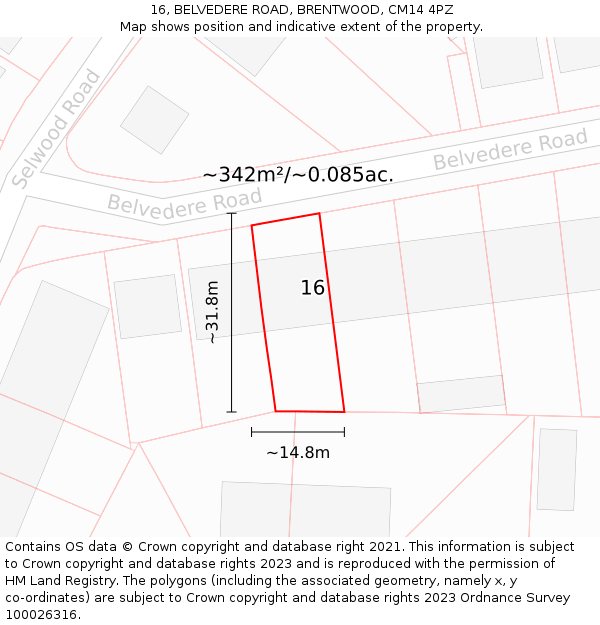 16, BELVEDERE ROAD, BRENTWOOD, CM14 4PZ: Plot and title map