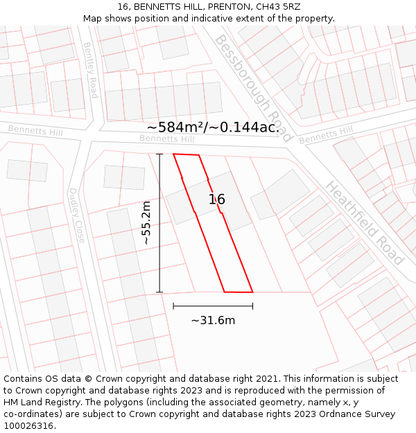 16, BENNETTS HILL, PRENTON, CH43 5RZ: Plot and title map