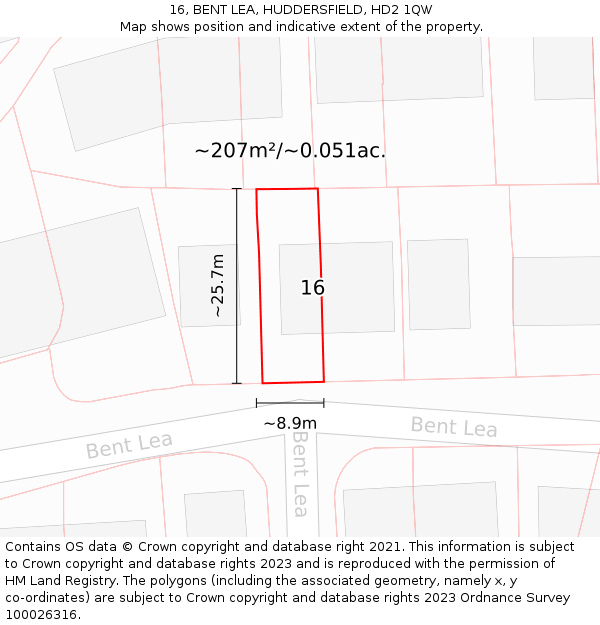 16, BENT LEA, HUDDERSFIELD, HD2 1QW: Plot and title map