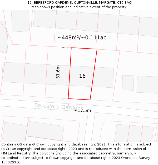 16, BERESFORD GARDENS, CLIFTONVILLE, MARGATE, CT9 3AG: Plot and title map