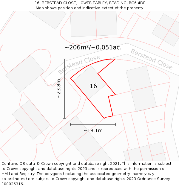 16, BERSTEAD CLOSE, LOWER EARLEY, READING, RG6 4DE: Plot and title map