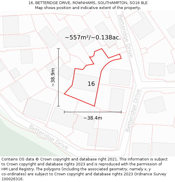 16, BETTERIDGE DRIVE, ROWNHAMS, SOUTHAMPTON, SO16 8LE: Plot and title map