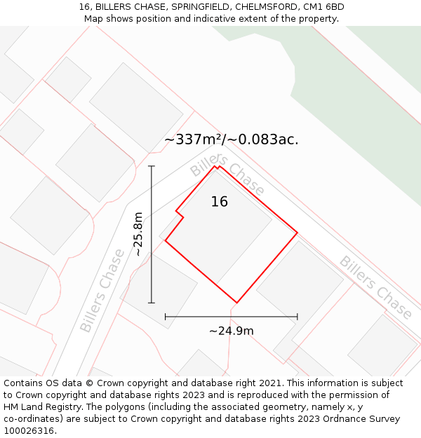 16, BILLERS CHASE, SPRINGFIELD, CHELMSFORD, CM1 6BD: Plot and title map