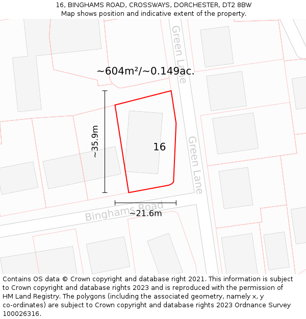 16, BINGHAMS ROAD, CROSSWAYS, DORCHESTER, DT2 8BW: Plot and title map