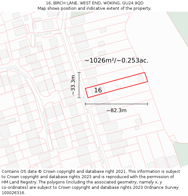 16, BIRCH LANE, WEST END, WOKING, GU24 9QD: Plot and title map