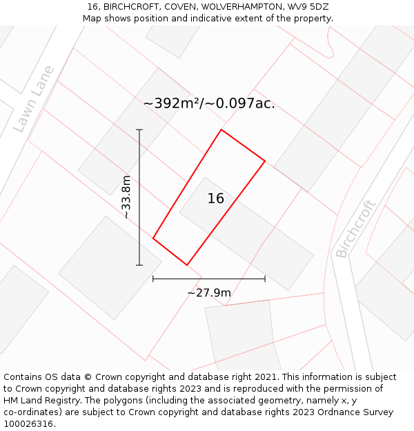16, BIRCHCROFT, COVEN, WOLVERHAMPTON, WV9 5DZ: Plot and title map