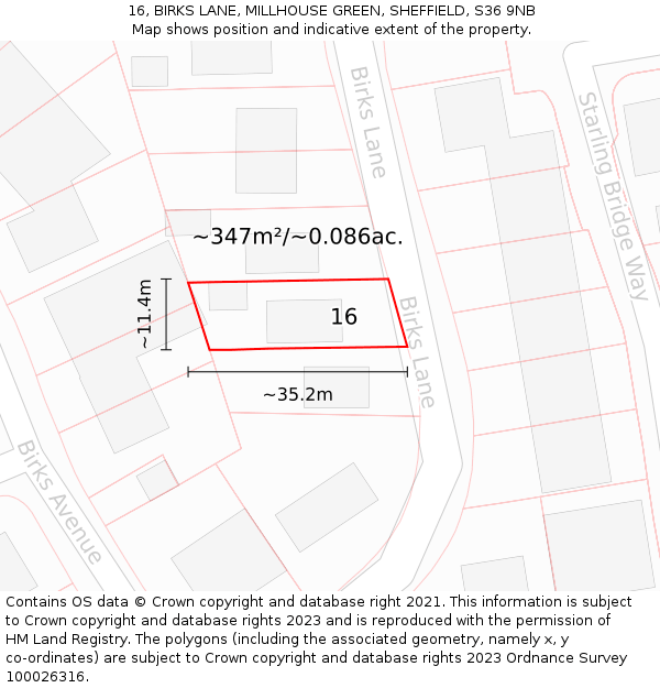 16, BIRKS LANE, MILLHOUSE GREEN, SHEFFIELD, S36 9NB: Plot and title map