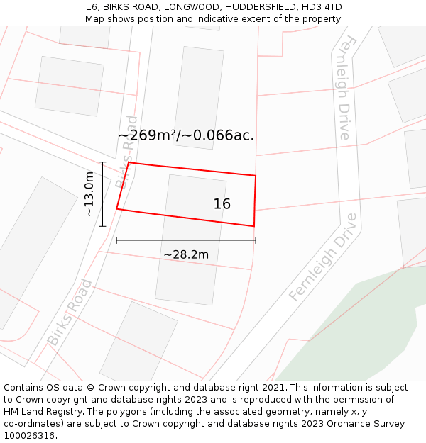 16, BIRKS ROAD, LONGWOOD, HUDDERSFIELD, HD3 4TD: Plot and title map