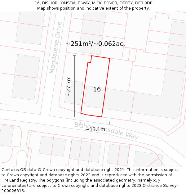 16, BISHOP LONSDALE WAY, MICKLEOVER, DERBY, DE3 9DF: Plot and title map