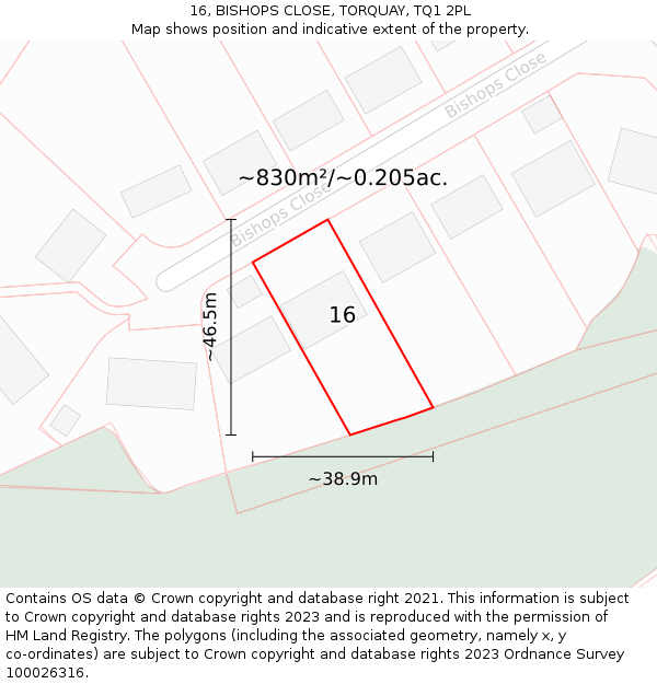 16, BISHOPS CLOSE, TORQUAY, TQ1 2PL: Plot and title map