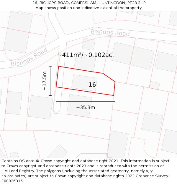 16, BISHOPS ROAD, SOMERSHAM, HUNTINGDON, PE28 3HP: Plot and title map