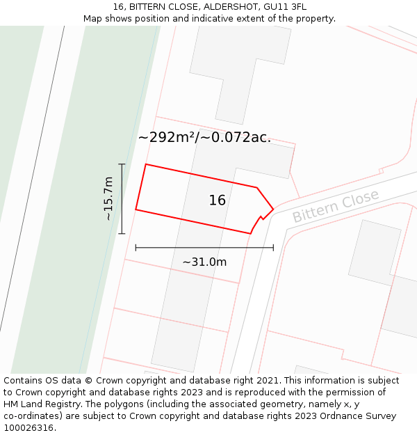 16, BITTERN CLOSE, ALDERSHOT, GU11 3FL: Plot and title map