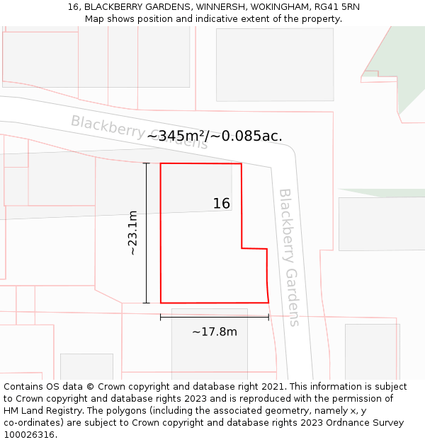 16, BLACKBERRY GARDENS, WINNERSH, WOKINGHAM, RG41 5RN: Plot and title map
