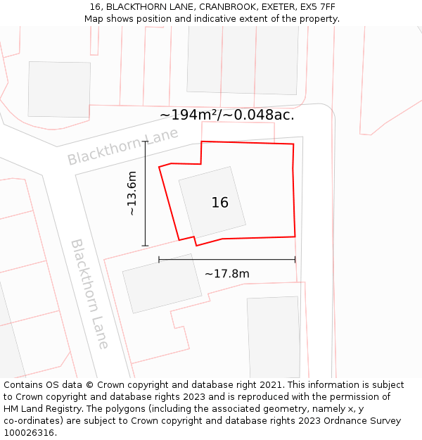 16, BLACKTHORN LANE, CRANBROOK, EXETER, EX5 7FF: Plot and title map