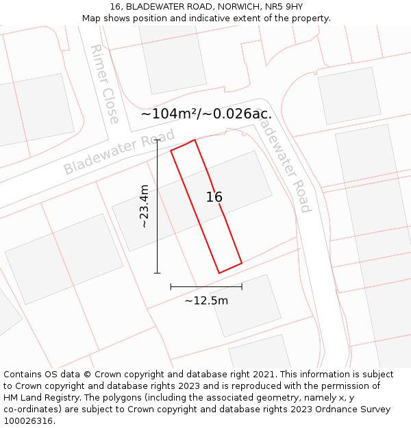 16, BLADEWATER ROAD, NORWICH, NR5 9HY: Plot and title map