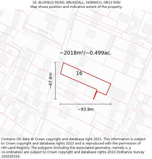 16, BLOFIELD ROAD, BRUNDALL, NORWICH, NR13 5NN: Plot and title map