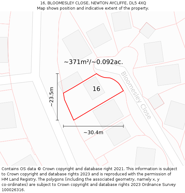16, BLOOMESLEY CLOSE, NEWTON AYCLIFFE, DL5 4XQ: Plot and title map