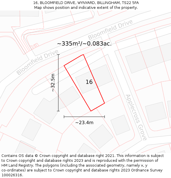 16, BLOOMFIELD DRIVE, WYNYARD, BILLINGHAM, TS22 5FA: Plot and title map