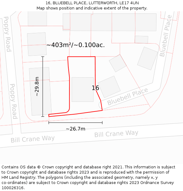 16, BLUEBELL PLACE, LUTTERWORTH, LE17 4UN: Plot and title map