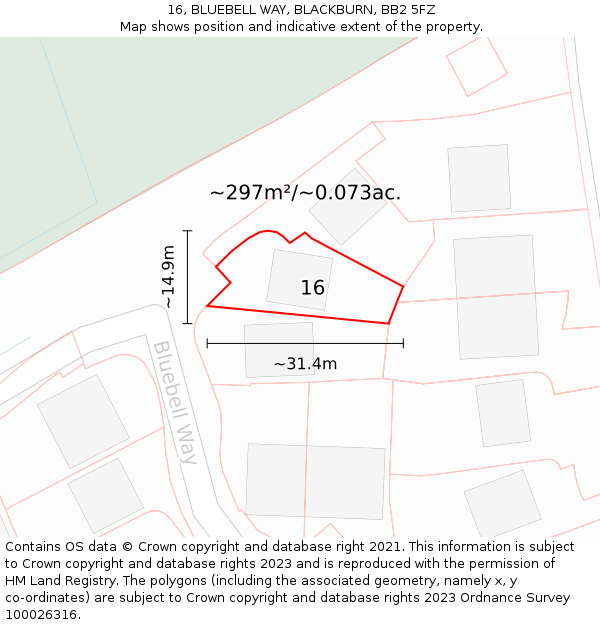 16, BLUEBELL WAY, BLACKBURN, BB2 5FZ: Plot and title map