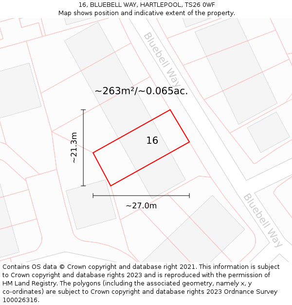 16, BLUEBELL WAY, HARTLEPOOL, TS26 0WF: Plot and title map