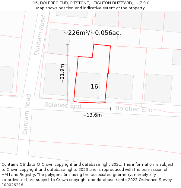 16, BOLEBEC END, PITSTONE, LEIGHTON BUZZARD, LU7 9JY: Plot and title map