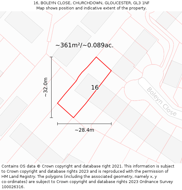 16, BOLEYN CLOSE, CHURCHDOWN, GLOUCESTER, GL3 1NF: Plot and title map