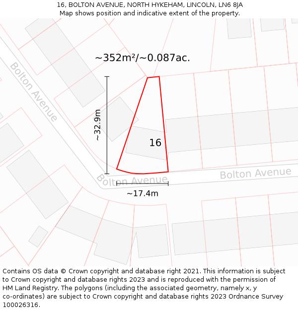 16, BOLTON AVENUE, NORTH HYKEHAM, LINCOLN, LN6 8JA: Plot and title map