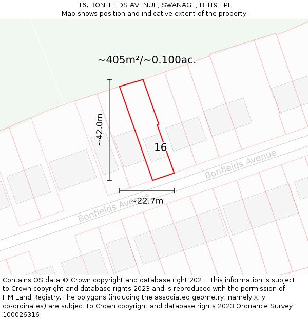 16, BONFIELDS AVENUE, SWANAGE, BH19 1PL: Plot and title map