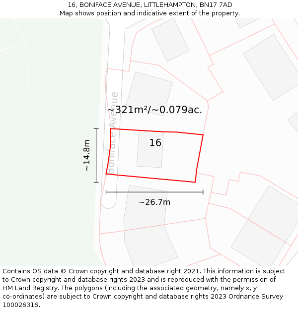 16, BONIFACE AVENUE, LITTLEHAMPTON, BN17 7AD: Plot and title map