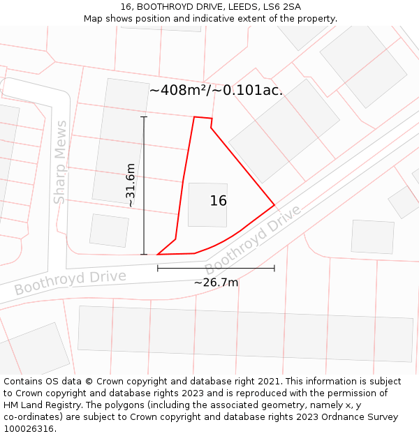 16, BOOTHROYD DRIVE, LEEDS, LS6 2SA: Plot and title map