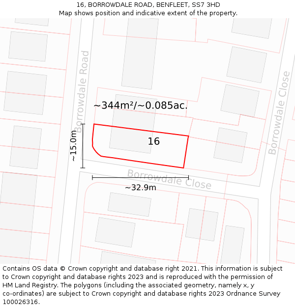 16, BORROWDALE ROAD, BENFLEET, SS7 3HD: Plot and title map