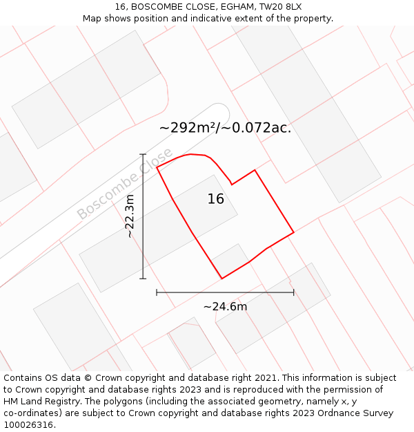 16, BOSCOMBE CLOSE, EGHAM, TW20 8LX: Plot and title map