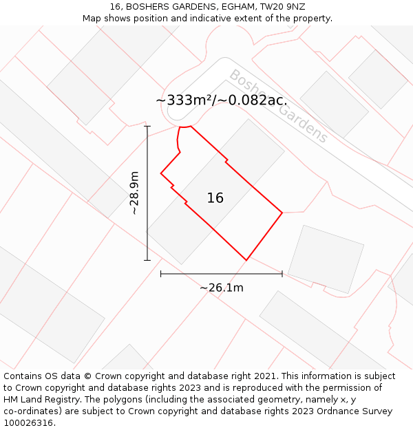 16, BOSHERS GARDENS, EGHAM, TW20 9NZ: Plot and title map