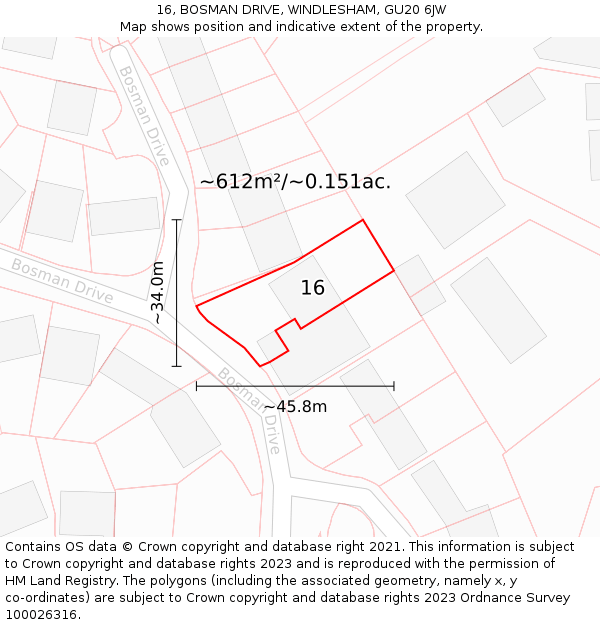 16, BOSMAN DRIVE, WINDLESHAM, GU20 6JW: Plot and title map