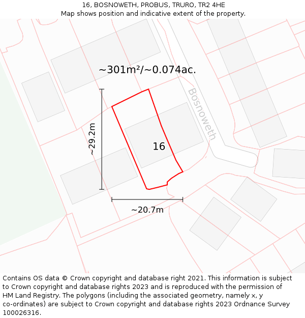 16, BOSNOWETH, PROBUS, TRURO, TR2 4HE: Plot and title map
