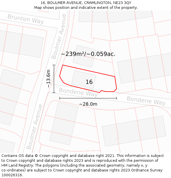 16, BOULMER AVENUE, CRAMLINGTON, NE23 3QY: Plot and title map