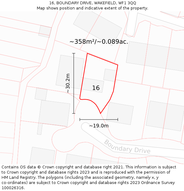 16, BOUNDARY DRIVE, WAKEFIELD, WF1 3QQ: Plot and title map